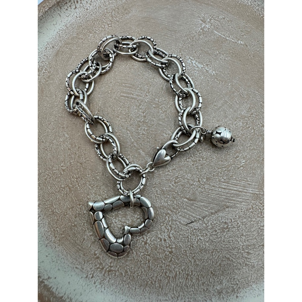 Brighton Silver Tone Pebbled Link Heart Charm Bracelet Boho Chunky Chain